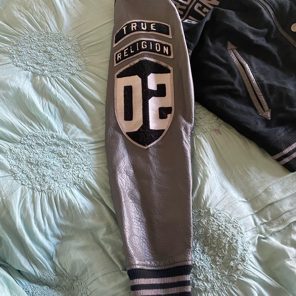 (Men’s) 100% leather True Religion Varsity Jacket